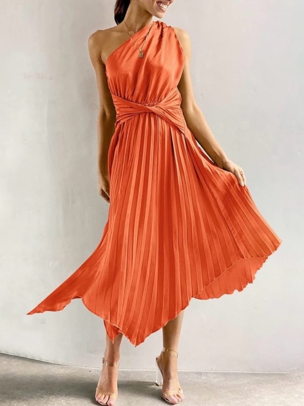 Cali One-Shoulder Pleated Midi Dress in Orange